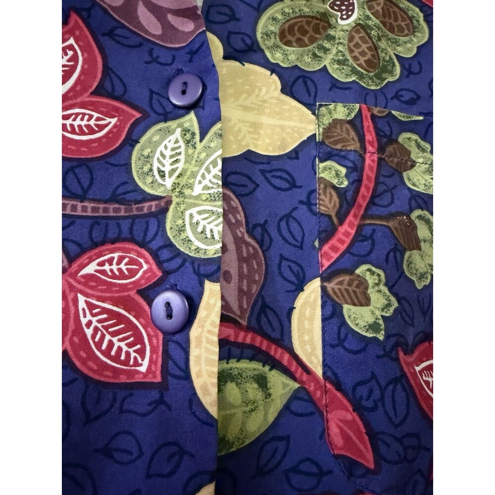 Anna and Frank 100% Silk Button Down Shirt Floral Leaves Blue Vintage 90s Medium - Picture 3 of 4